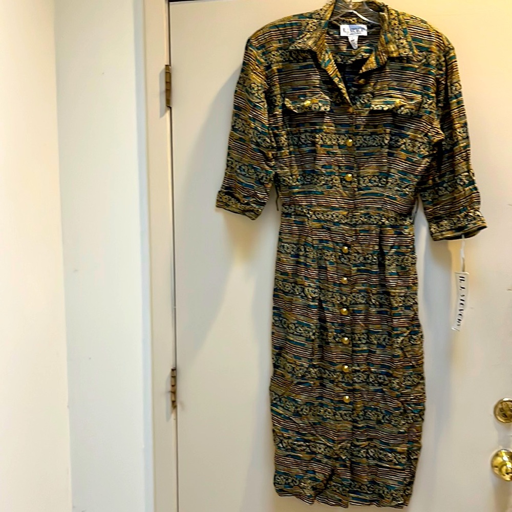 R.J. Stevens Vintage Dry Cleaned Egyptian Mosaic Print Button Down Dress Size 10